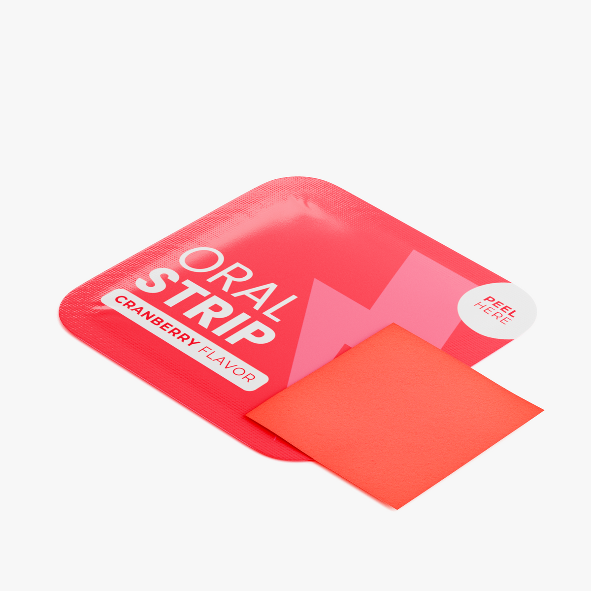 Cranberry-flavored Oral Strip in vibrant packaging, partially peeled to reveal the bright strip, by nutrima.