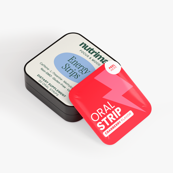 Energy Strips packaging features a black tin with a colorful label, showcasing Cranberry flavor by nutrima.