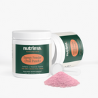 Energy Powder (Fruit Punch) in a white container with a pink scoop and powder, showcasing its vibrant color, by nutrima.