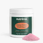 Energy Powder (Fruit Punch) with pink powder displayed beside its white jar, featuring a green and orange label by nutrima.