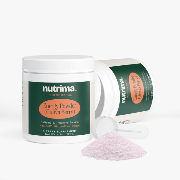 Energy Powder (Guava Berry) in a white jar with powdered supplement spilled nearby, by nutrima.