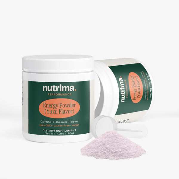 Energy Powder (Yuzu Flavor) with a scoop and powder spill beside the jar, showcasing the unique color and packaging by nutrim