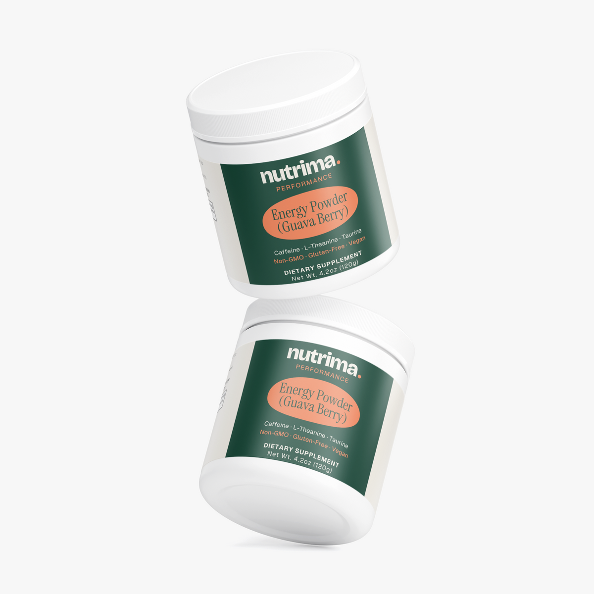 Two jars of Energy Powder (Guava Berry) with nutrition facts, featuring a vibrant green and orange design by nutrima.