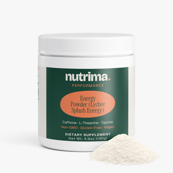 Energy Powder (Lychee Splash Energy) is shown in a white container with a small pile of powder beside it, by nutrima.