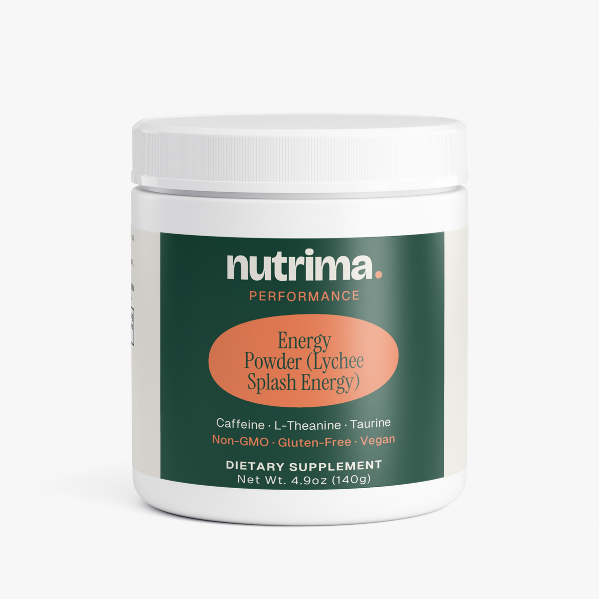Energy Powder (Lychee Splash Energy) in a white container with green and orange label design by nutrima.