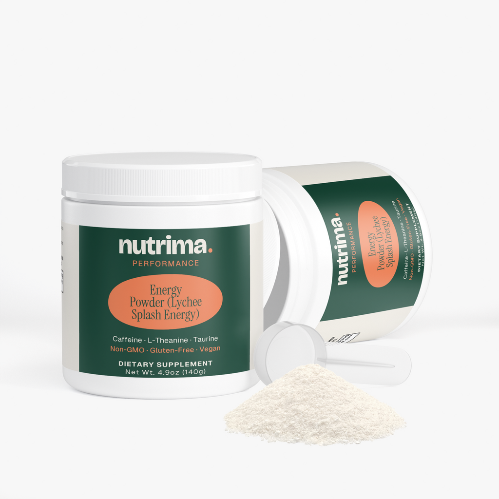 Energy Powder (Lychee Splash Energy) in a white container with a scoop and powder nearby, by nutrima.