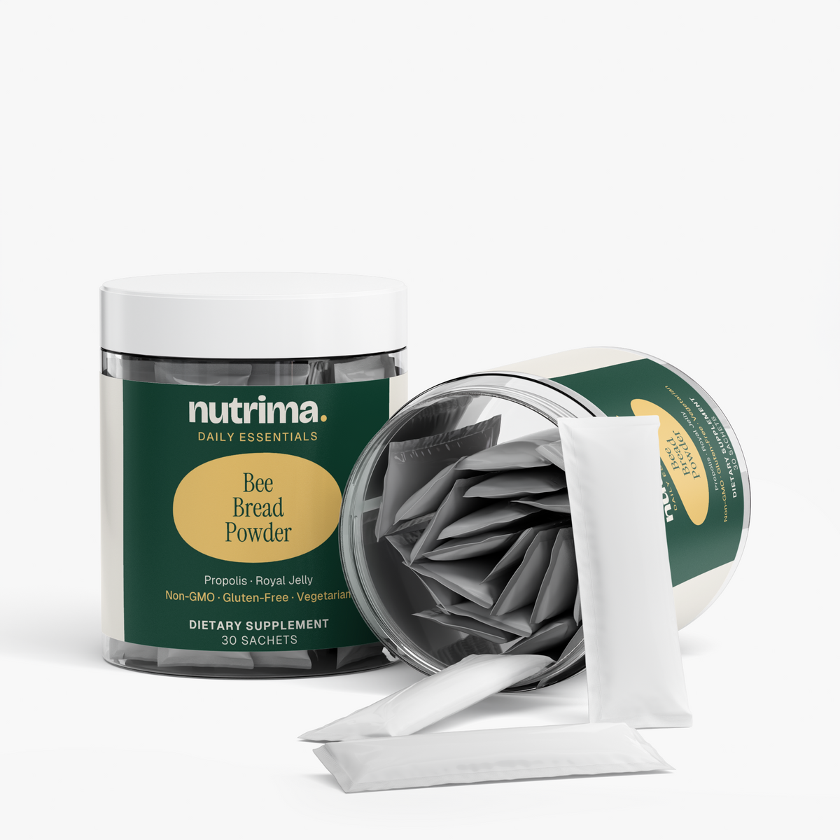 Bee Bread Powder in a clear jar with sachets visible, showcasing its unique packaging by nutrima.