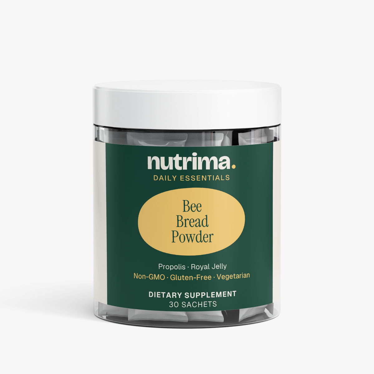 Clear container of Bee Bread Powder with green label, featuring 30 sachets for dietary supplement use by nutrima.