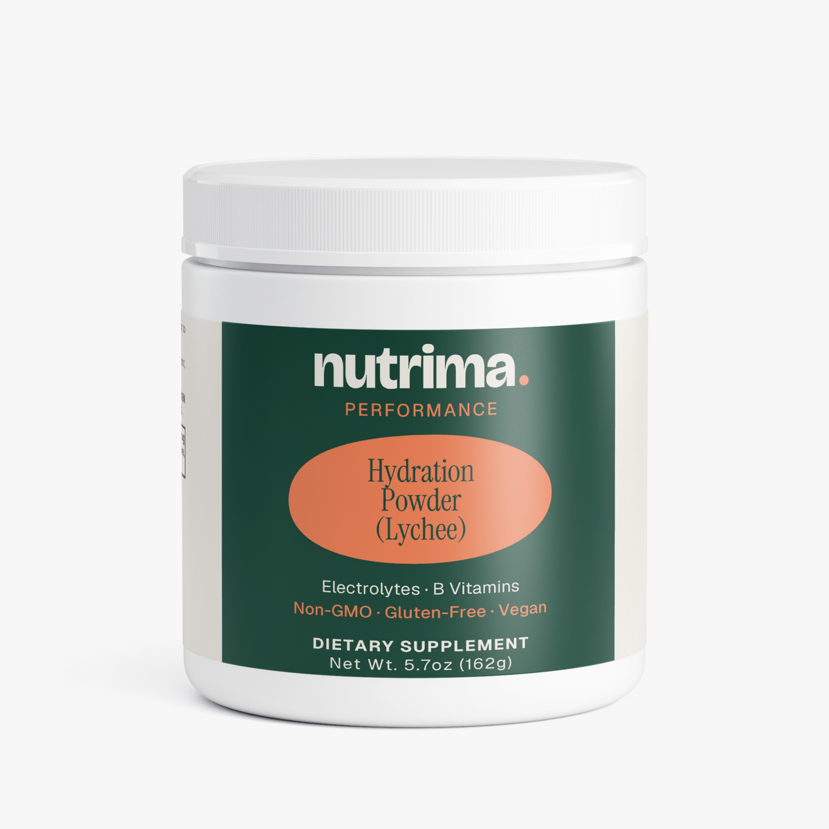 Hydration Powder (Lychee) in a sleek white container with a vibrant green label by nutrima.
