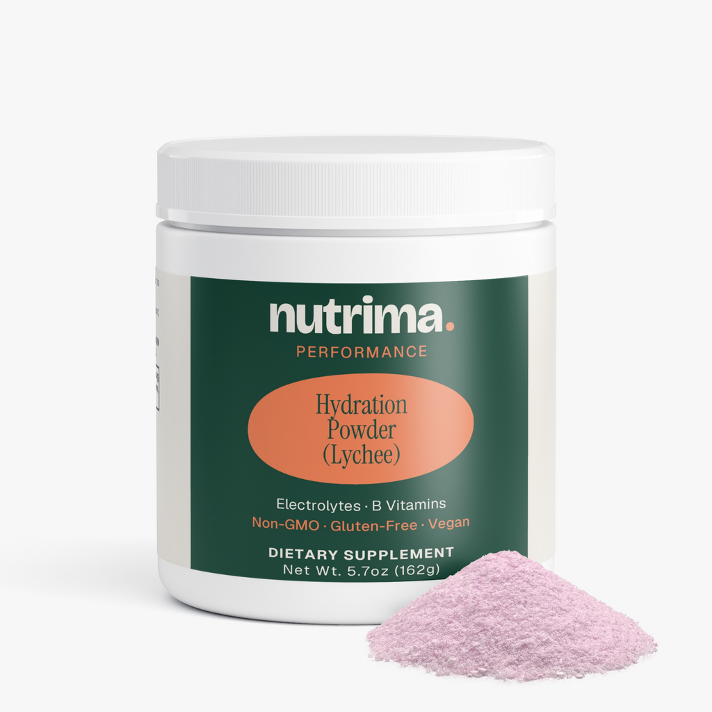 Lychee-flavored Hydration Powder in a white container, with a scoop of pink powder beside it by nutrima.
