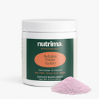 Lychee-flavored Hydration Powder in a white container, with a scoop of pink powder beside it by nutrima.