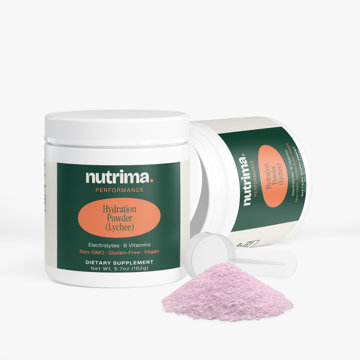 Lychee Hydration Powder with a pink hue, featuring a scoop and packaging design by nutrima.