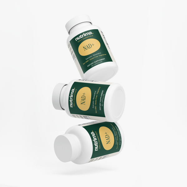 Three bottles of NAD+ dietary supplement by nutrima, showcasing distinct green packaging with yellow labels.