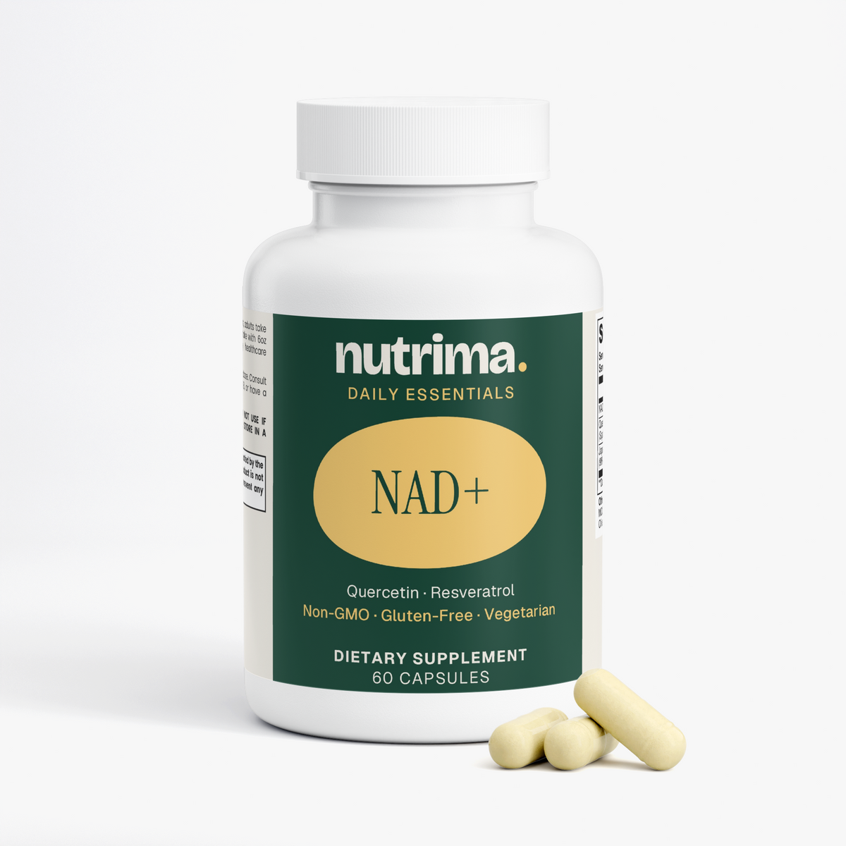 NAD+ dietary supplement bottle with green label and yellow accents, featuring three capsules beside it, by nutrima.