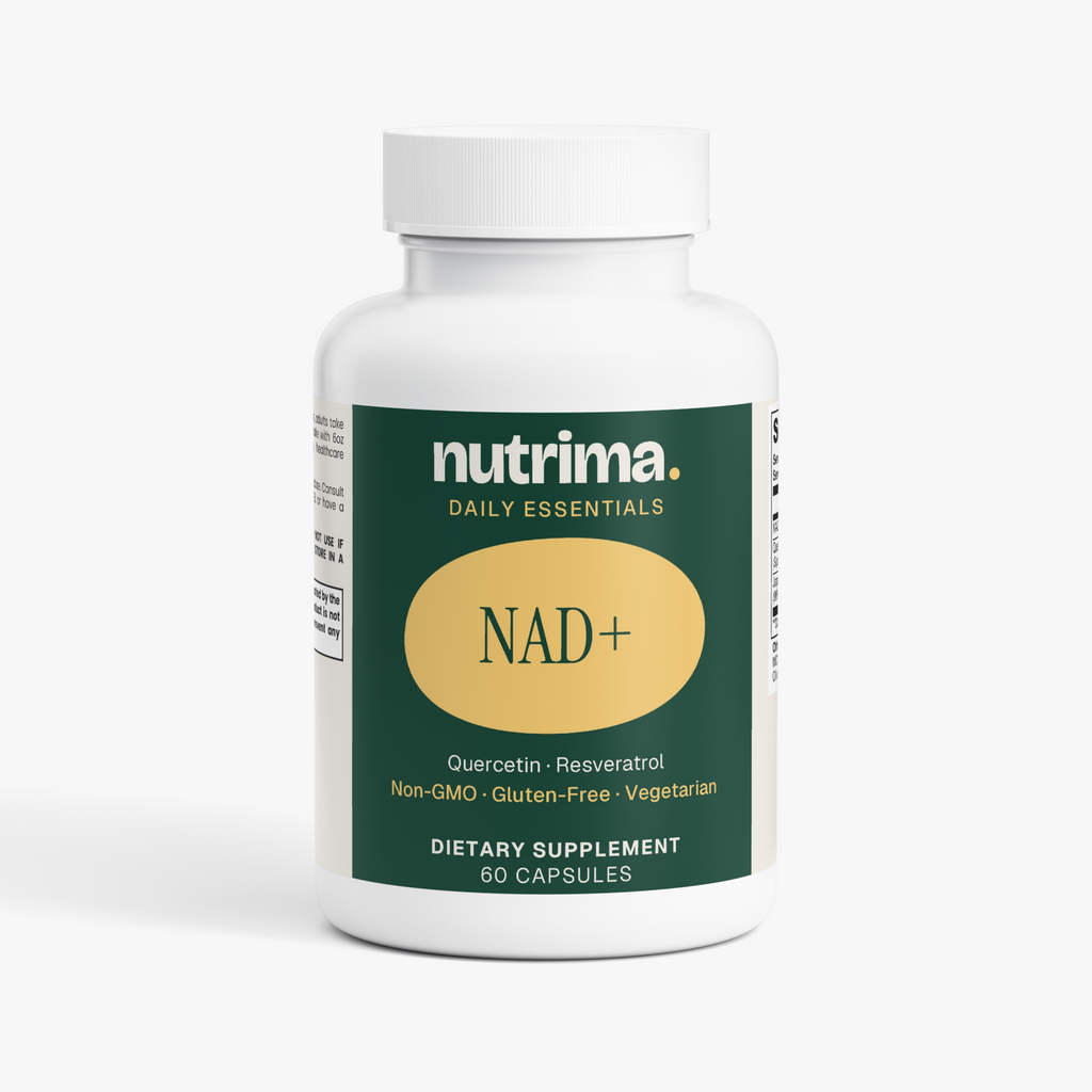 NAD+ dietary supplement in a white bottle with green and yellow labeling, containing 60 capsules by nutrima.