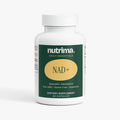 NAD+ dietary supplement in a white bottle with green and yellow labeling, containing 60 capsules by nutrima.