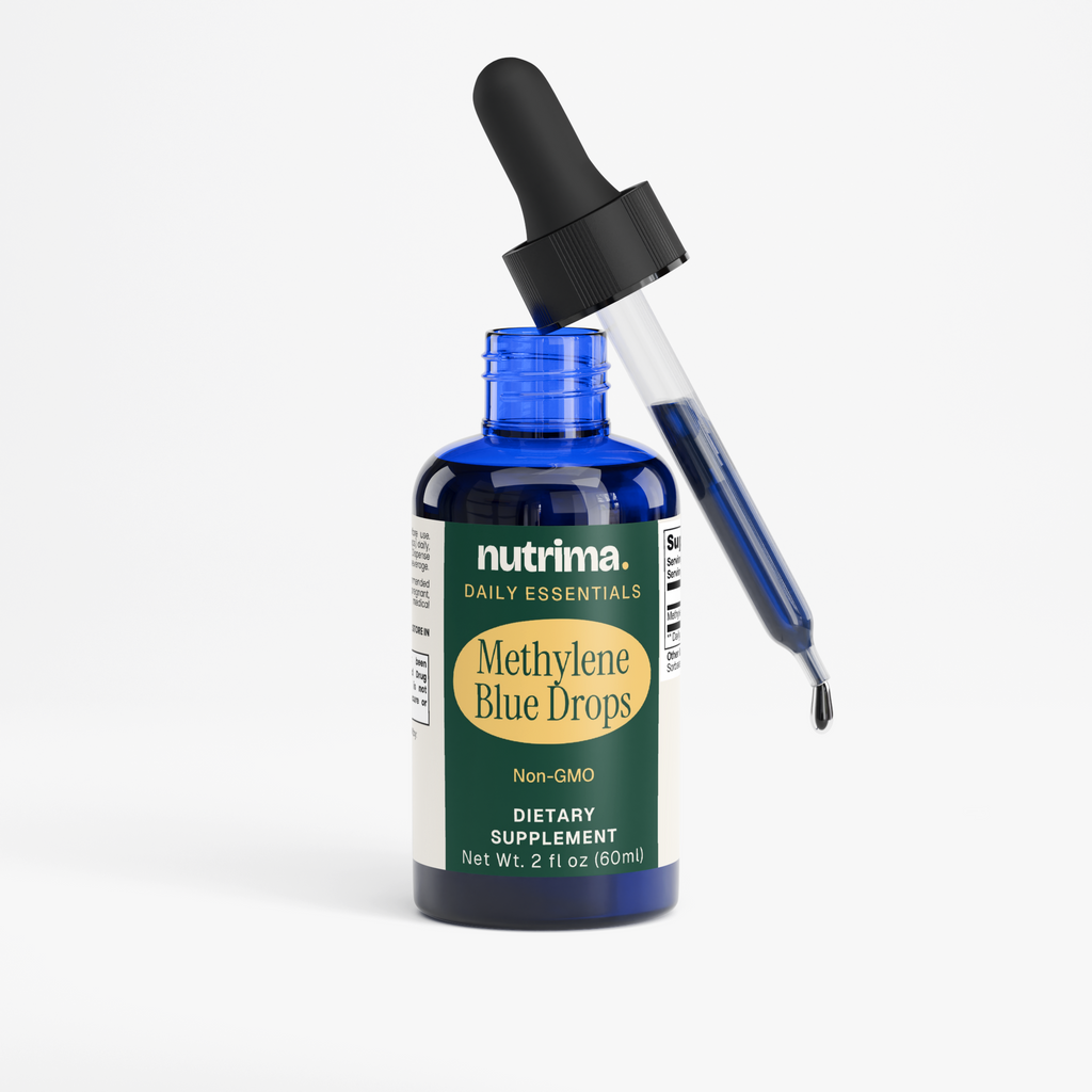 Methylene Blue Drops in a blue glass bottle with a dropper cap, showcasing a dark blue liquid inside by nutrima.