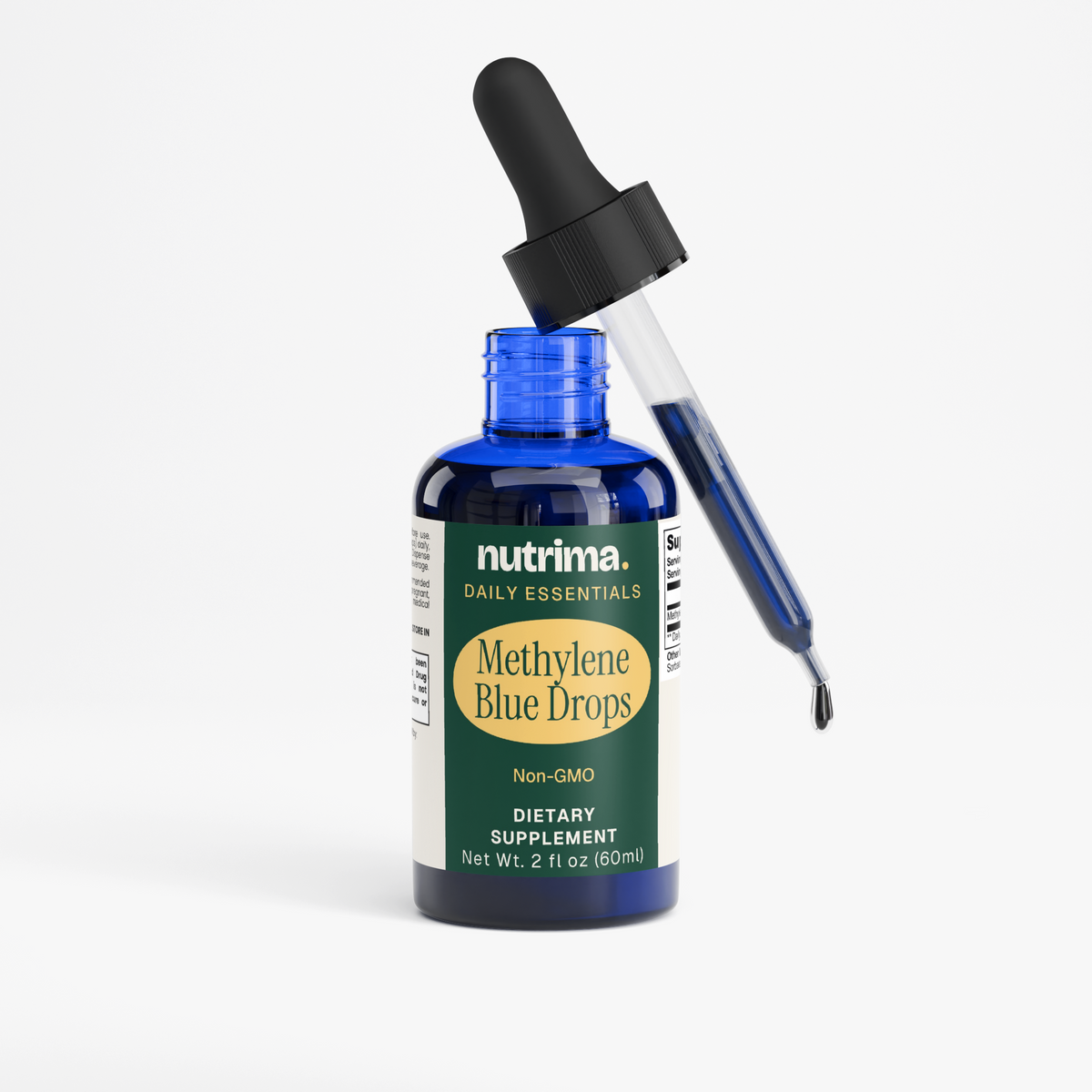Methylene Blue Drops in a blue glass bottle with a dropper cap, showcasing a dark blue liquid inside by nutrima.