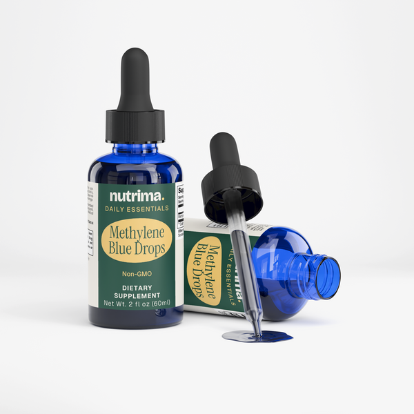Blue glass bottles of Methylene Blue Drops with a dropper, showcasing the dietary supplement by nutrima.