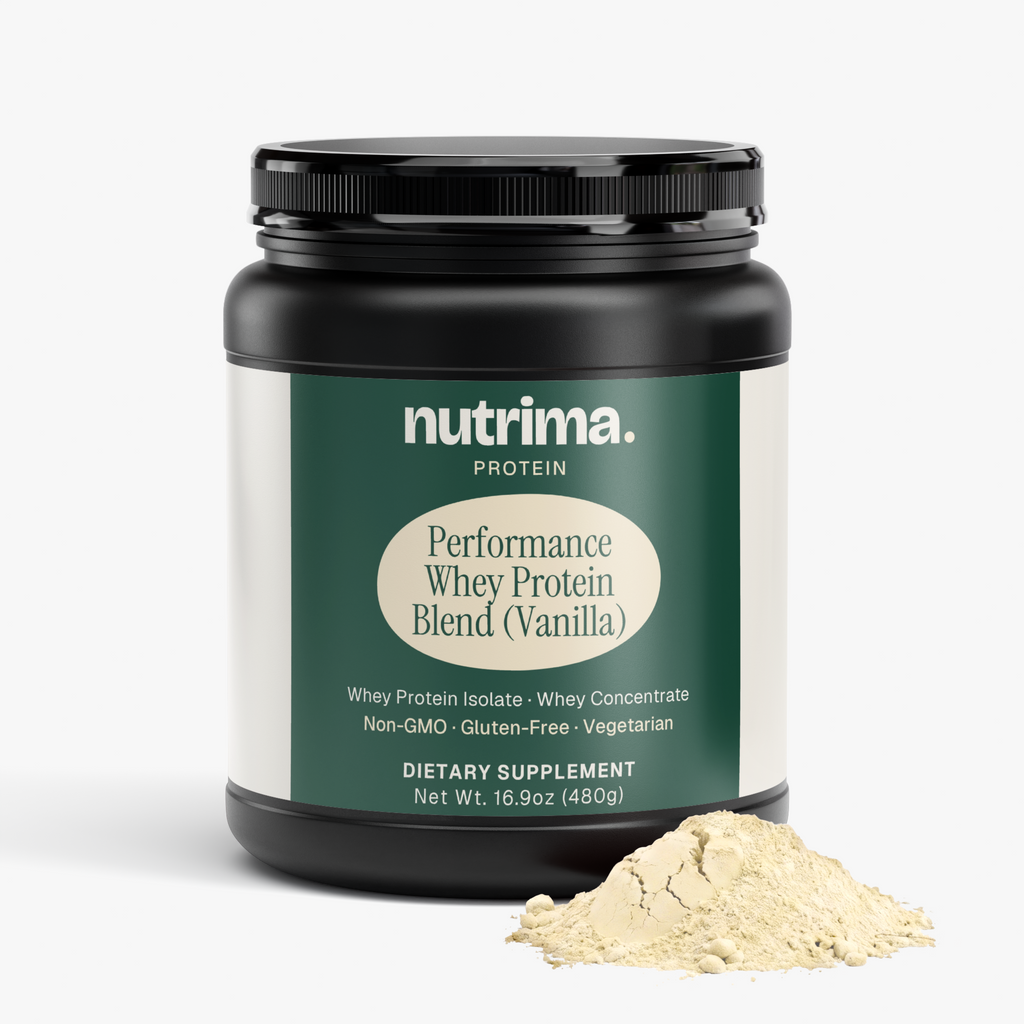 Performance Whey Protein Blend (Vanilla) in a black container with powder spilled, highlighting the product by nutrima.