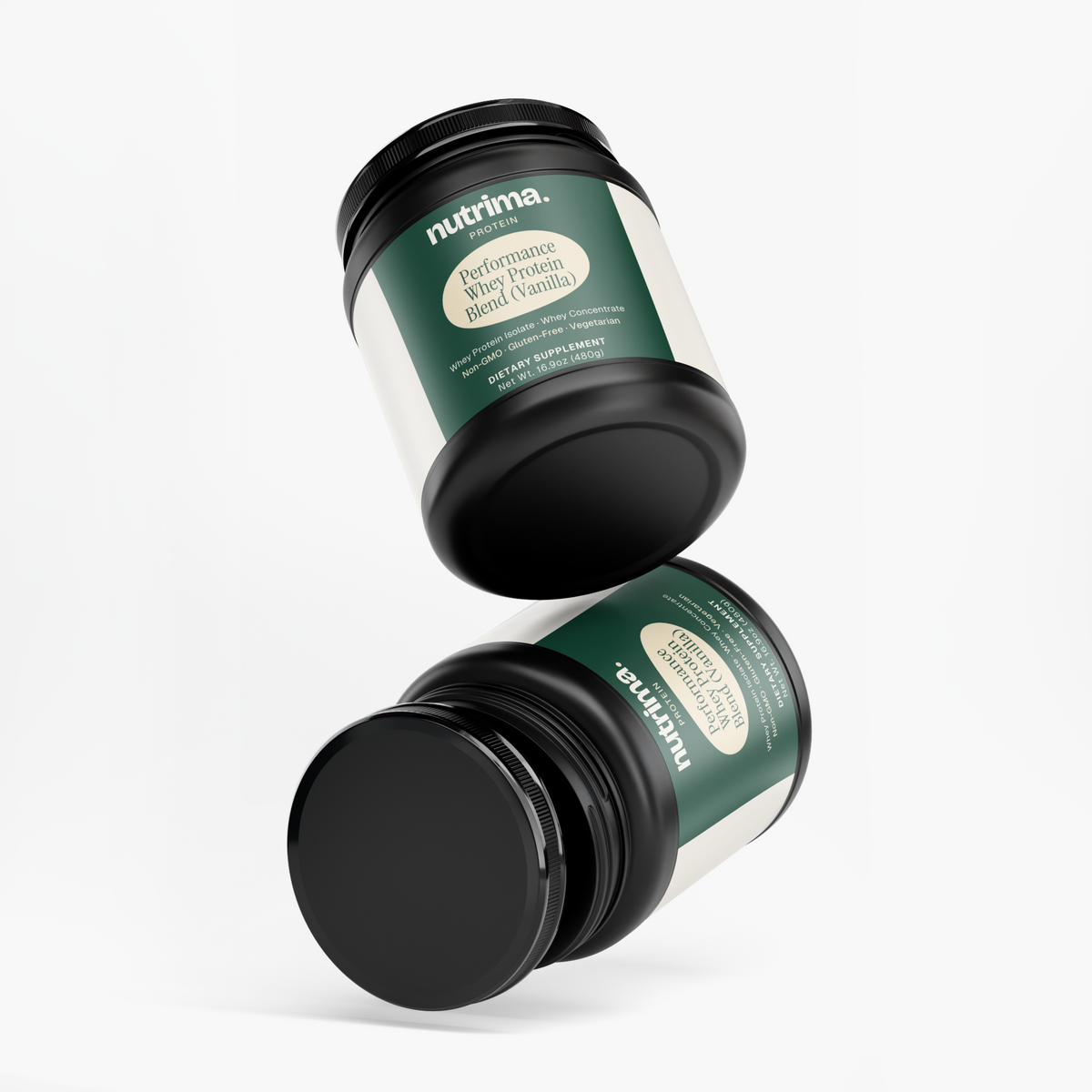 Two black jars of Performance Whey Protein Blend (Vanilla) by nutrima, showcasing the sleek design and labels.