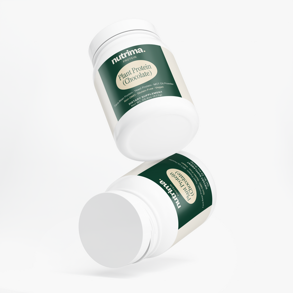 Two jars of Plant Protein (Chocolate) showcasing a modern design and green accents by nutrima.