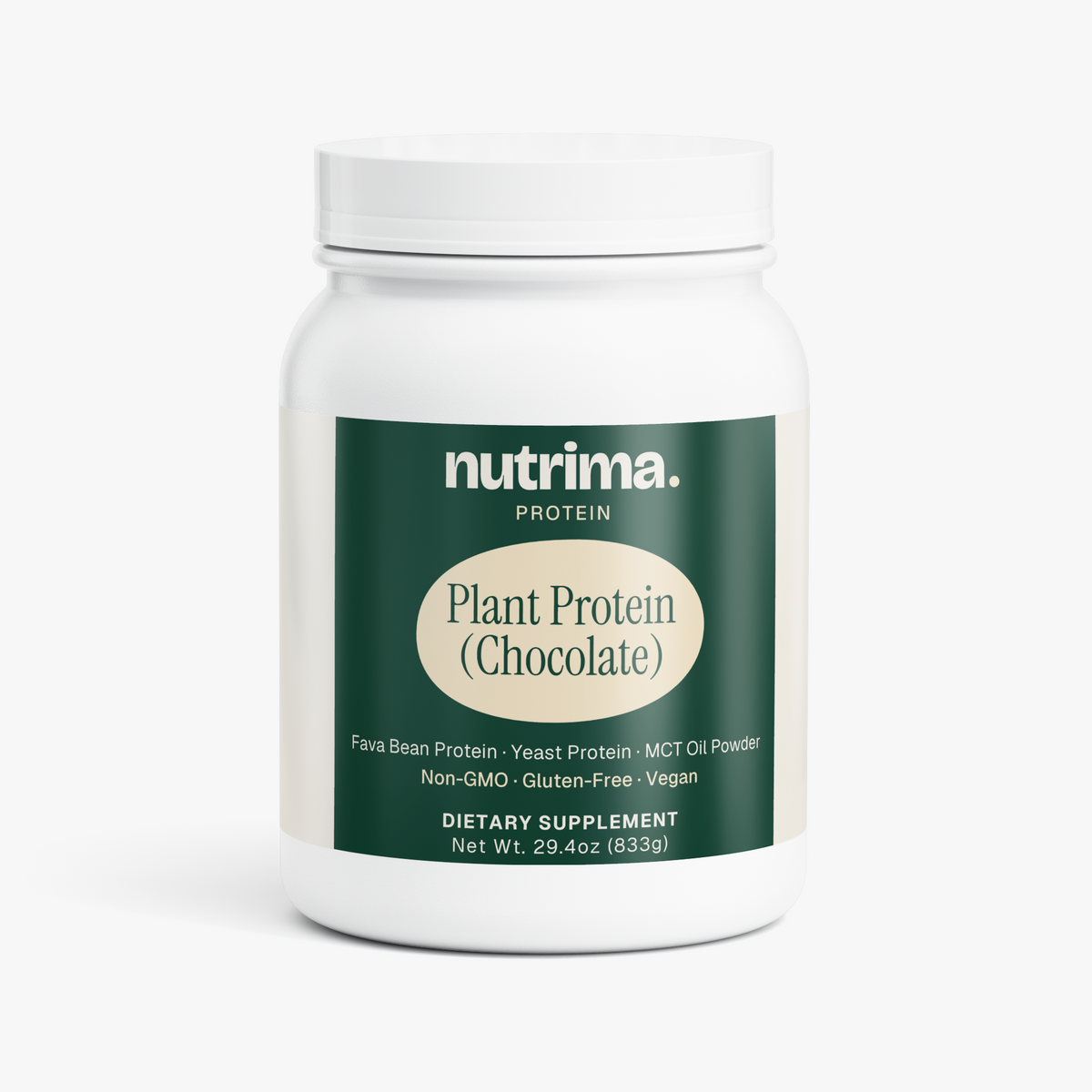 White container of Plant Protein (Chocolate) featuring a green label, dietary supplement by nutrima.