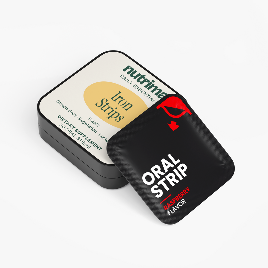 Black packaging with a red label features "Oral Strip Raspberry Flavor" alongside "Iron Strips" tin by nutrima.