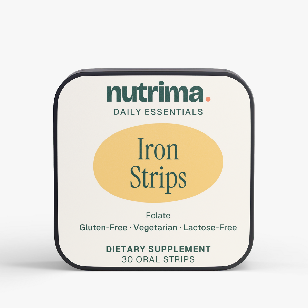 Iron Strips packaging featuring a cream background with green text, showcasing a dietary supplement by nutrima.