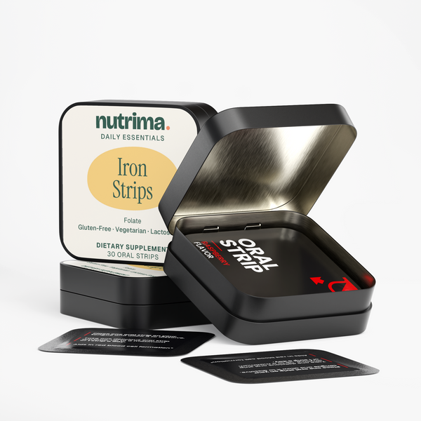 Open tin of Iron Strips dietary supplements featuring a raspberry flavor, by nutrima.