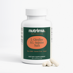 L-Citrulline & L-Arginine Stack dietary supplement in a white bottle with three capsules beside it by nutrima.