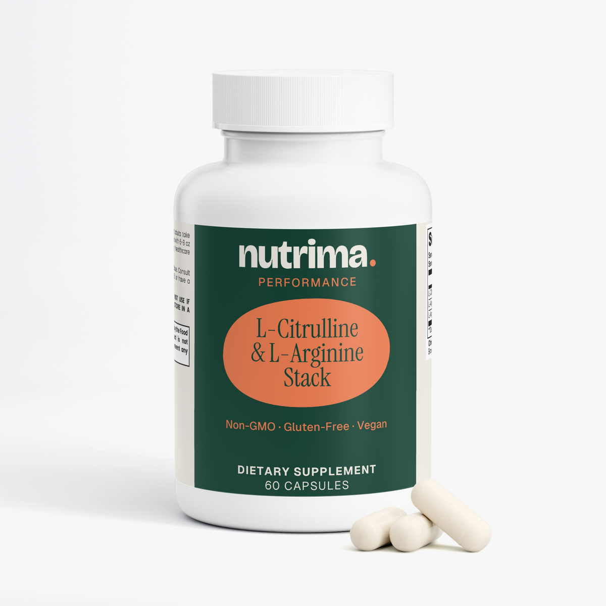 L-Citrulline & L-Arginine Stack dietary supplement in a white bottle with three capsules beside it by nutrima.