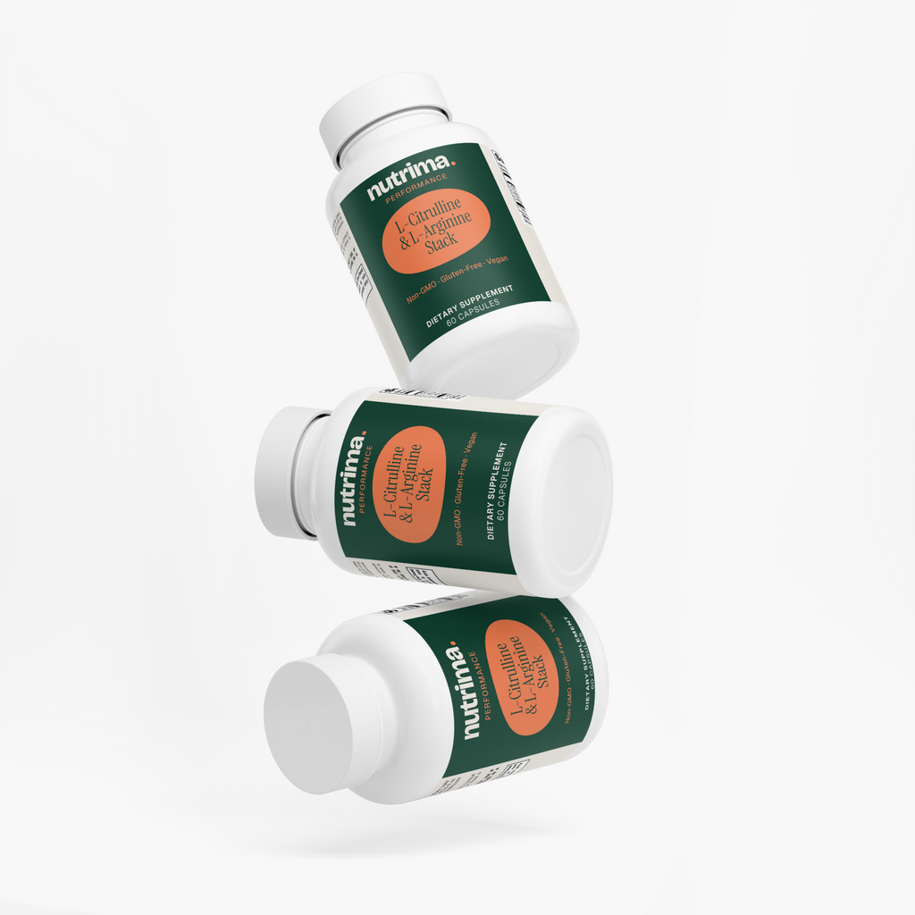 Three bottles of L-Citrulline & L-Arginine Stack capsules displayed at an angle, featuring a green label, by nutrima.