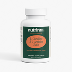 L-Citrulline & L-Arginine Stack dietary supplement bottle with green and orange labeling, featuring 60 capsules by nutrima.
