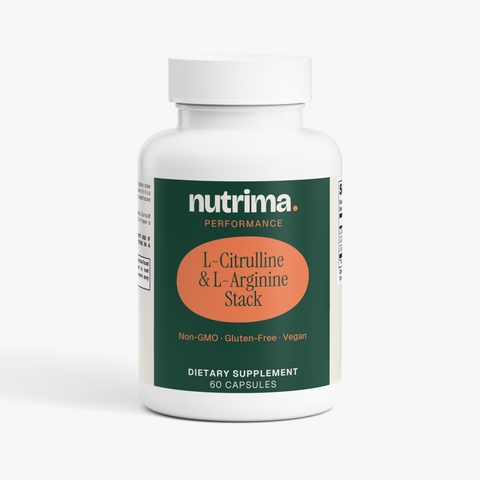 L-Citrulline & L-Arginine Stack dietary supplement bottle with green and orange labeling, featuring 60 capsules by nutrima.
