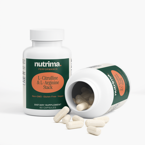 L-Citrulline & L-Arginine Stack capsules spilling from an open bottle, featuring a green and orange label, by nutrima.