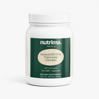 White container of Advanced 100% Whey Protein Isolate (Chocolate) with a green label and lid, by nutrima.