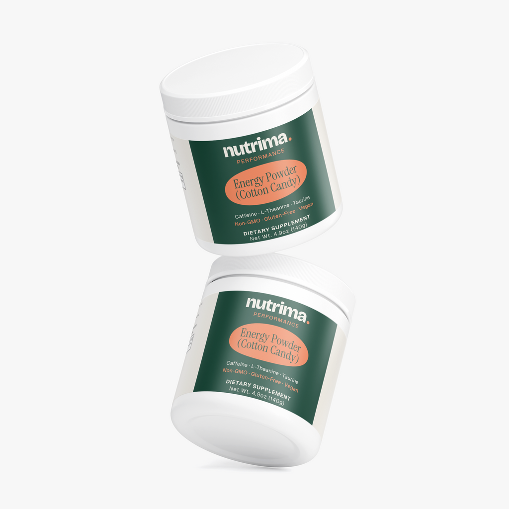 Two jars of Energy Powder (Cotton Candy) with a vibrant label, showcasing the pre-workout supplement by nutrima.