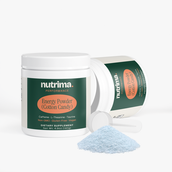 Energy Powder (Cotton Candy) in a white jar with a blue scoop and powder, showcasing the unique flavor by nutrima.