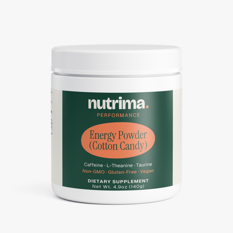 White container of Energy Powder (Cotton Candy) featuring green and orange branding by nutrima.