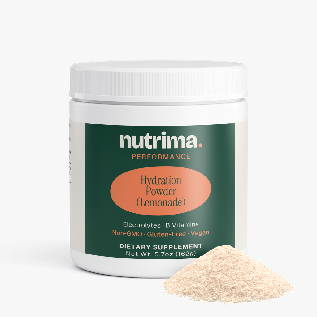 Lemonade-flavored Hydration Powder in a sleek container with a scoop of powder beside it by nutrima.