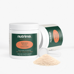 Lemonade flavored Hydration Powder by nutrima in a jar with a scoop and powder spilled, showcasing the product's design.