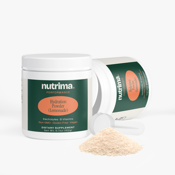 Lemonade flavored Hydration Powder by nutrima in a jar with a scoop and powder spilled, showcasing the product's design.