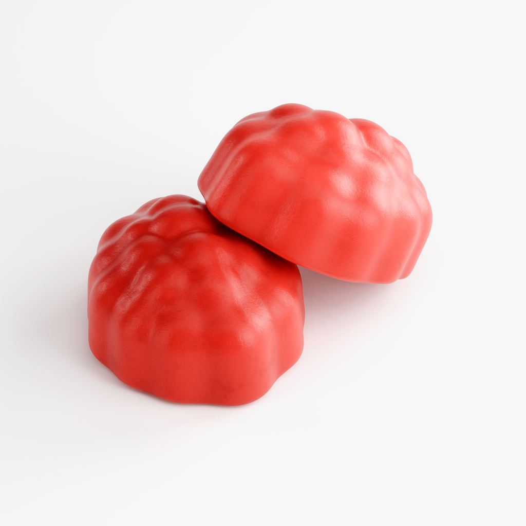 Bright red Hair, Skin & Nails Gummies displayed in a close-up, showcasing their soft texture and distinct shape, by nutrima.