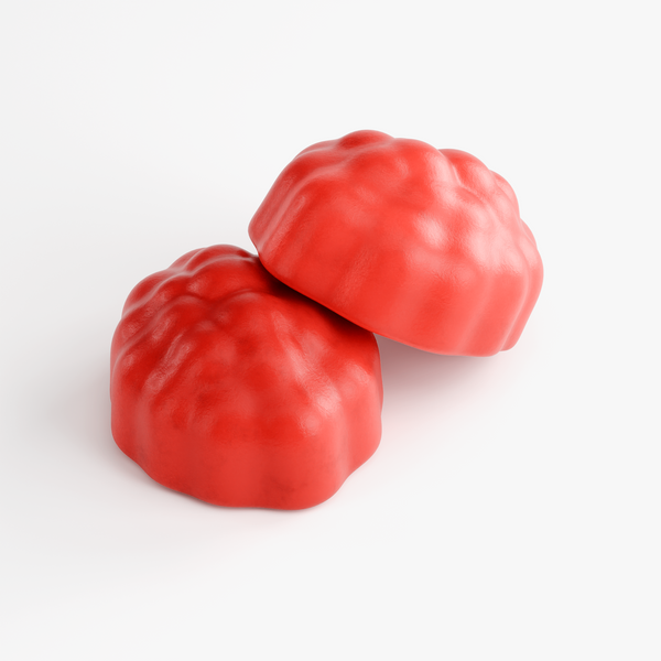 Bright red Hair, Skin & Nails Gummies displayed in a close-up, showcasing their soft texture and distinct shape, by nutrima.