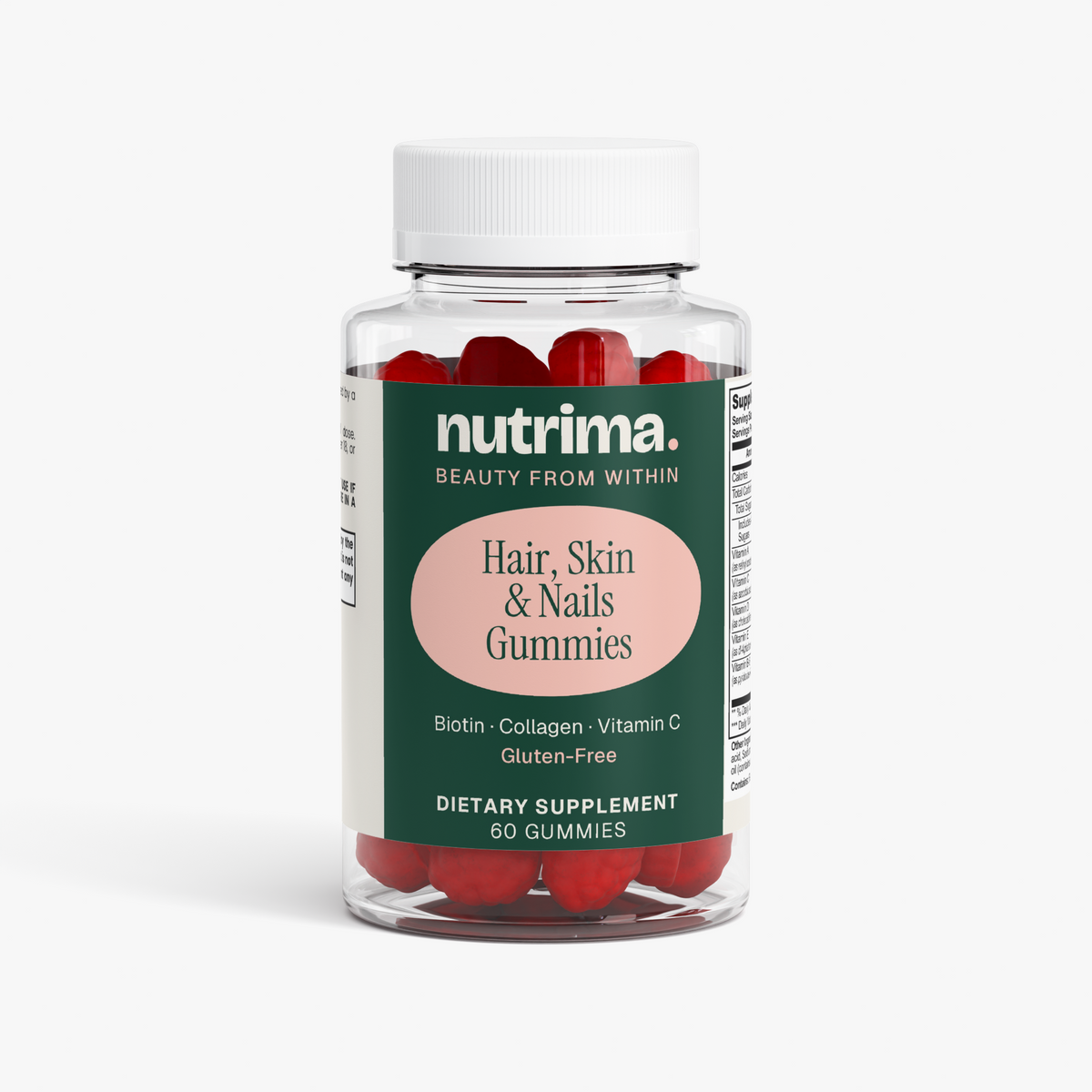 Clear bottle of Hair, Skin & Nails Gummies featuring vibrant red gummies, labeled by nutrima as a dietary supplement.