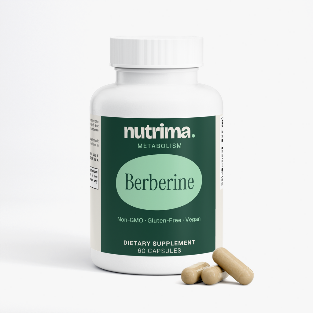 A close-up of the Berberine dietary supplement bottle, featuring 60 capsules by nutrima, with beige capsules beside it.