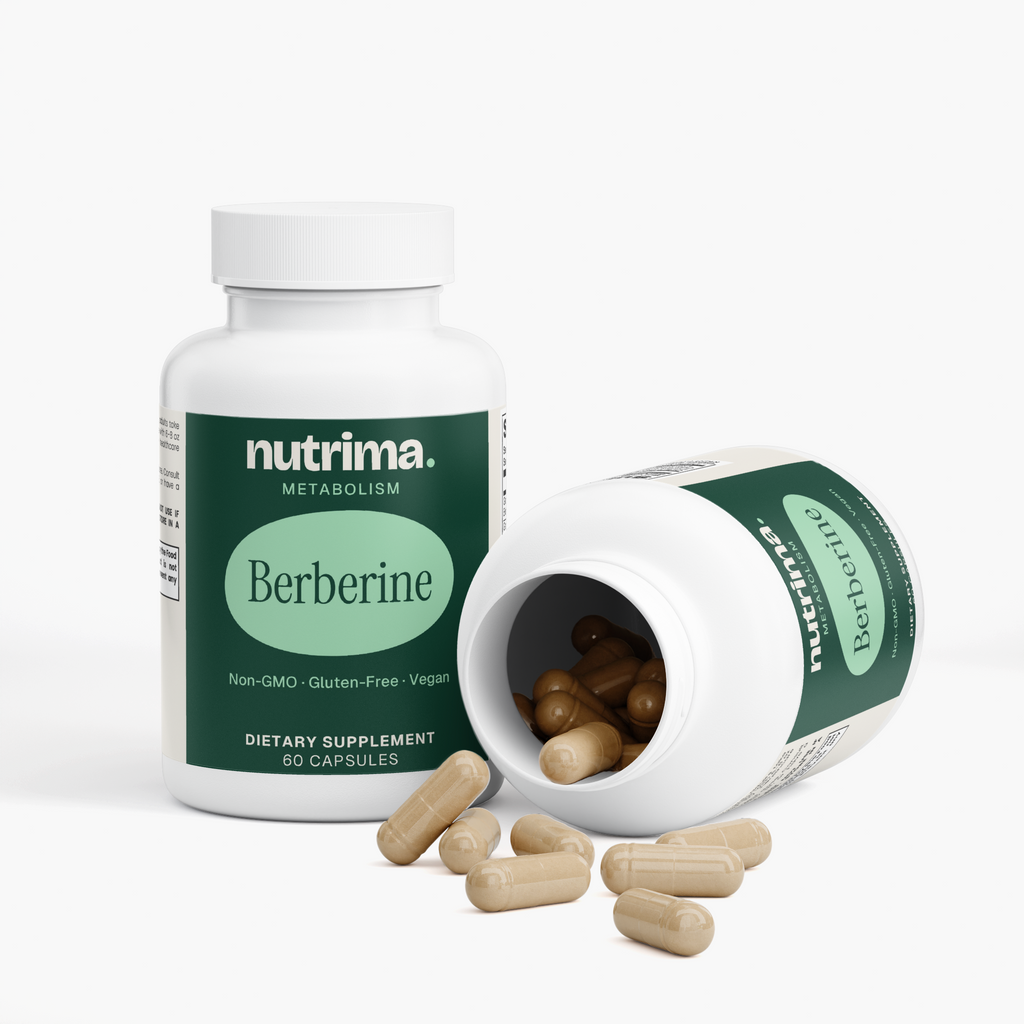 The Berberine dietary supplement by nutrima features capsules spilling from an open bottle, showcasing its vegan formula.