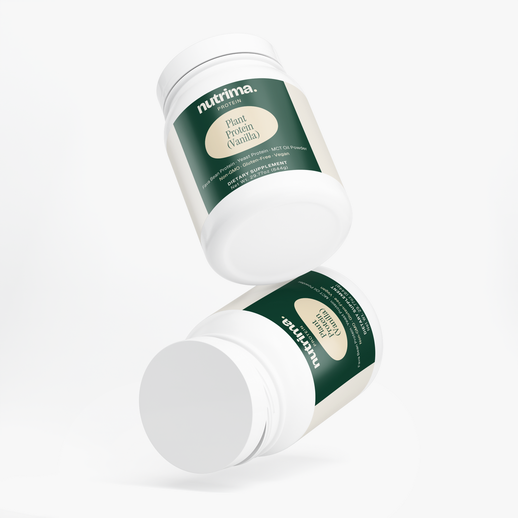 Two jars of Plant Protein (Vanilla) by nutrima are shown with a clean white background, highlighting the packaging design.
