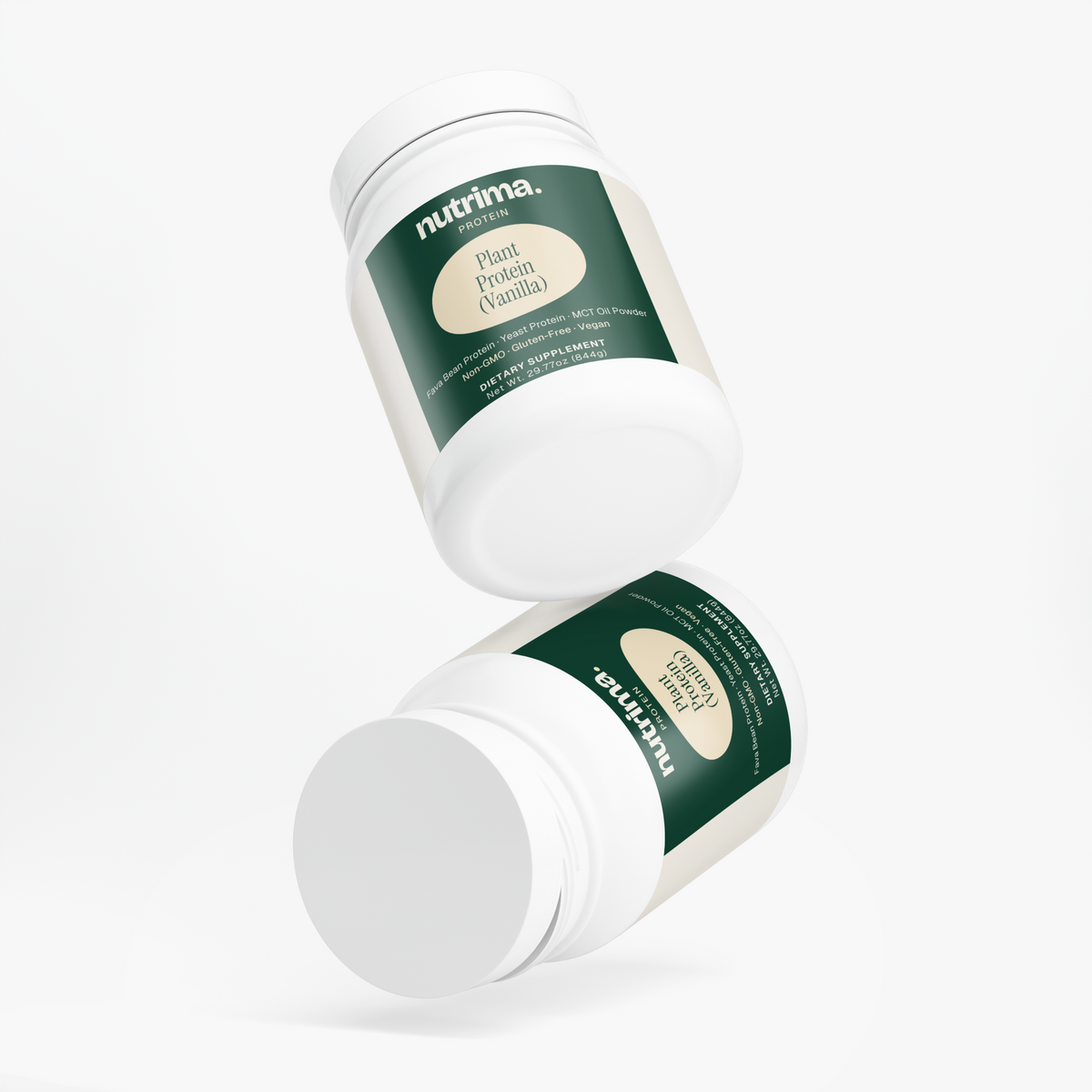 Two jars of Plant Protein (Vanilla) by nutrima are shown with a clean white background, highlighting the packaging design.